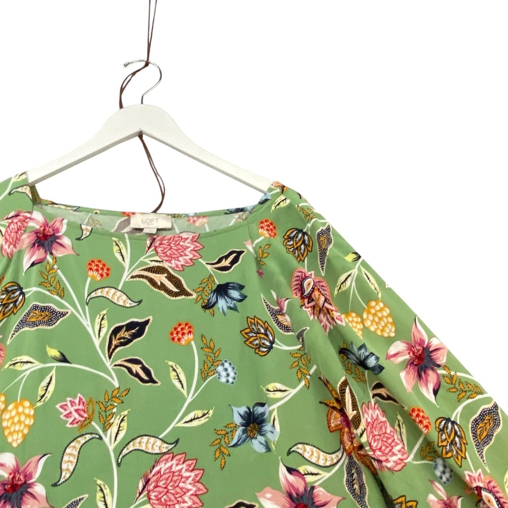 Loft Outlet Womens Green Floral Boat Neck 3/4 Puff Sleeve Rayon Blouse Size L - Picture 7 of 10